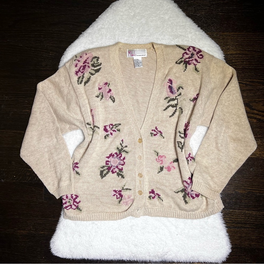 Vintage Milano Design Group Knit Floral Rose Needlepoint Cardigan Sweater Medium